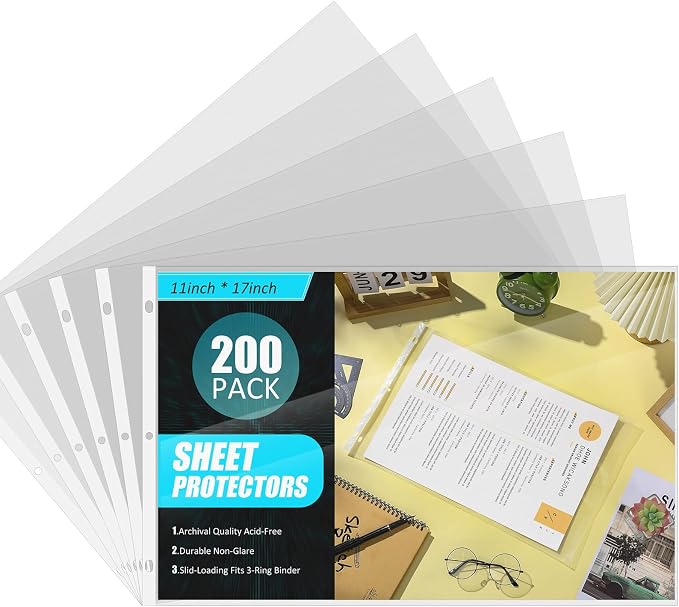 Glenmal 200 Pack Sheet Protectors 11 x 17 Inch 3 Hole Clear Heavy Duty Page Protectors for 3 Ring Binder, Plastic Sleeves for Binders by Glenmal