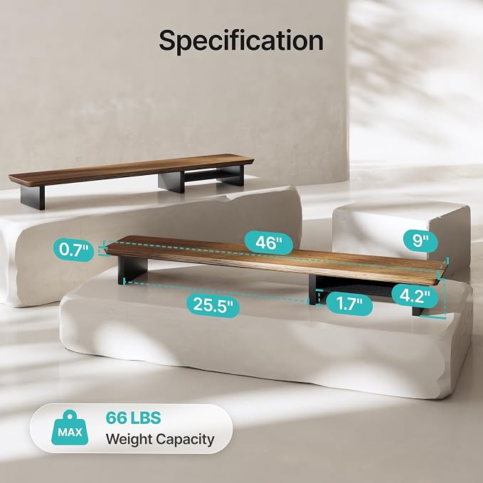 46" Dual Monitor Riser, Metal Shelf Wooden Desk Organizer | Walnut Wooden Desk Shelf for 2 Monitors/TV,Monitor Stand Riser for Desk, Wood Monitor Stand Organizer for Home Office - Image 9