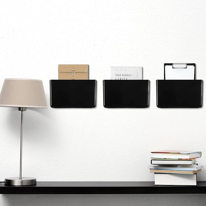 Colarr 8 Pcs Wall File Holder Organizer Plastic Wall Mount Mail Organizer with Screws Single Pocket Hanging Folder Paper Magazine Holder for Walls Office Home Classroom(Black) - Image 6