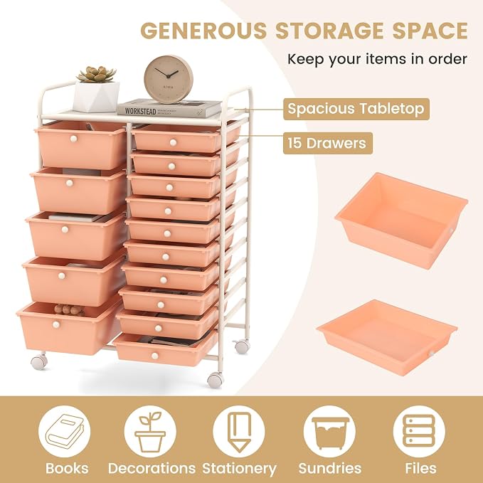 Moccha 15-Drawer Rolling Storage Cart - Under Desk Storage Drawers with wheels for Craft Art Supply Paper Salon, Scrapbook Paper Tools, Mobile Utility Cart for Classroom (15 Drawers, Peach) - Image 4