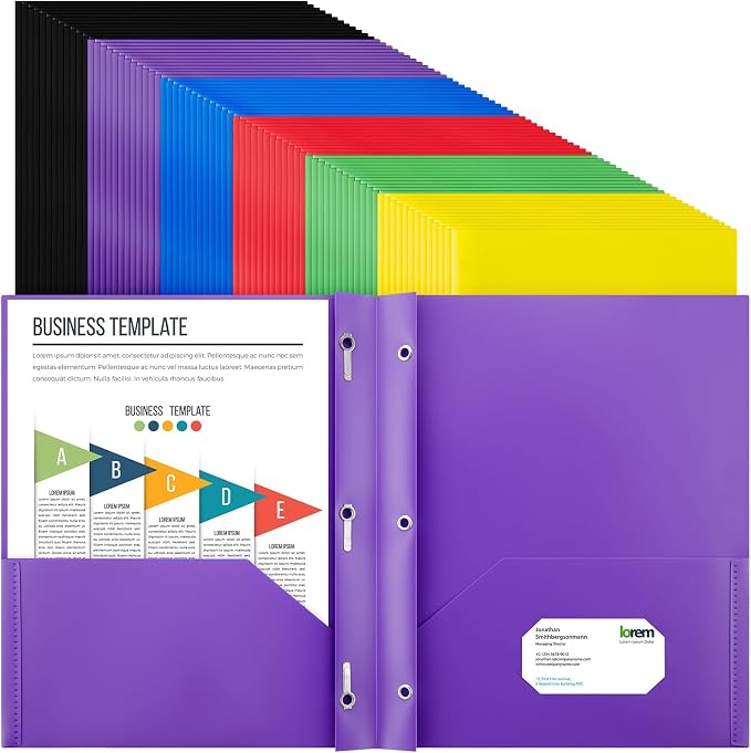 Cholemy 104 Packs Pocket Folders with Prongs Heavy Duty Plastic Folder with Business Card Slot 3 Prong Fasteners for School Office (Stylish) by Cholemy