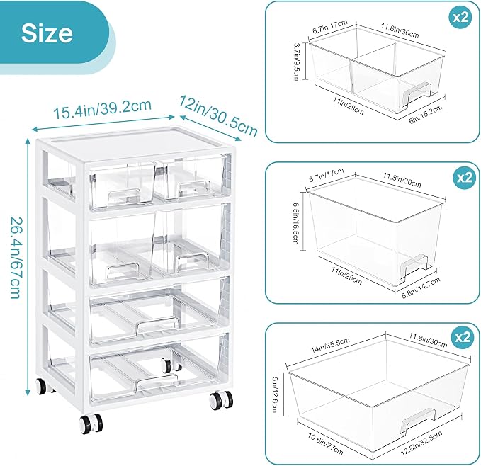 Vtopmart Drawer Storage Organizer,4 Tier 6 Drawers with Wheels, Clear | Clear Drawers with Multiple Sizes Keep Supplies Visible. Sturdy for Bathreoom, Office, Under Desk, Crafts & Art Storage. - Image 3