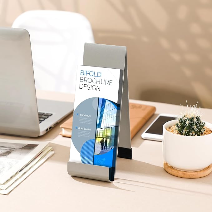 Yaocom 4 Pcs Metal Fancy Brochure Holder Display Flyer Brochure Holder Stand Table Vertical Countertop Literature Organizer for Booklets Pamphlet Magazine Menu Journals(Silver) - Image 4
