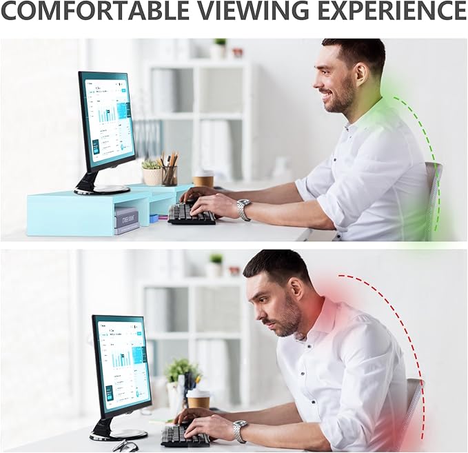 TAVR Dual Monitor Stand Riser, Wooden Computer Monitor Stand for 2 Monitors | Extra Long Multifunctional Desktop Organizer Riser for TV, PC Monitor, Laptop, Printer, Max 43.3" Length, Blue - Image 6