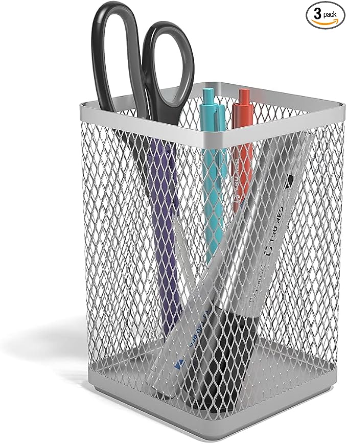 TRU RED Stackable Wire Mesh Jumbo Pencil Holder, Silver, 3‑Pack – Large Desktop Organizer for Pens, Markers & Office Supplies by TRURED