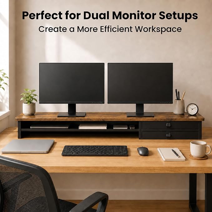 Dual Monitor Stand, 42.5 Inch Wood Monitor Riser with Drawers, 2 Tier Desktop Organizer for Computer Laptop TV, Large Screen Stand for Home Office Desk - Image 5
