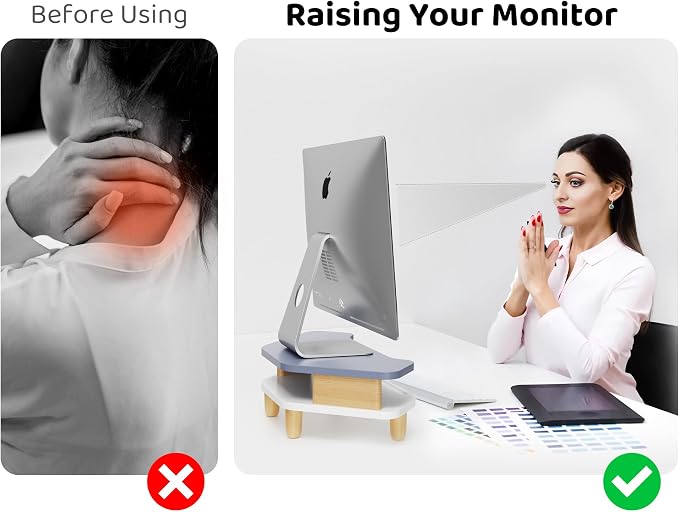 AFOOYO Monitor Stand Riser,2 Tier Corner Wood Sturdy 16.5In Computer Stand, Multi-Purpose Desktop Storage Stand for Laptop,PC,iMac,Printer,Computer,Blue - Image 4