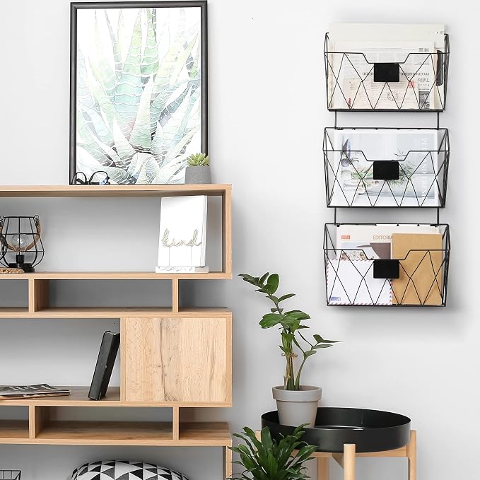 YBING Wall File Organizer, Hanging File Holder & Basket Set of 3, Black | Hanging File Rack with Hooks, Mail Organizer, Metal Wall Storage for Office Living Room School Classroom Home - Image 5