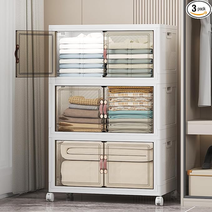 Stackable Storage Bins, 336QT Collapsible Drawers with 1 Lid | Large Capacity, Magnetic Door, Stack Lock, Rolling Wheels, Foldable Design, Organizers and Storage for Bedroom Dorm Garage by UAMFURIDirect