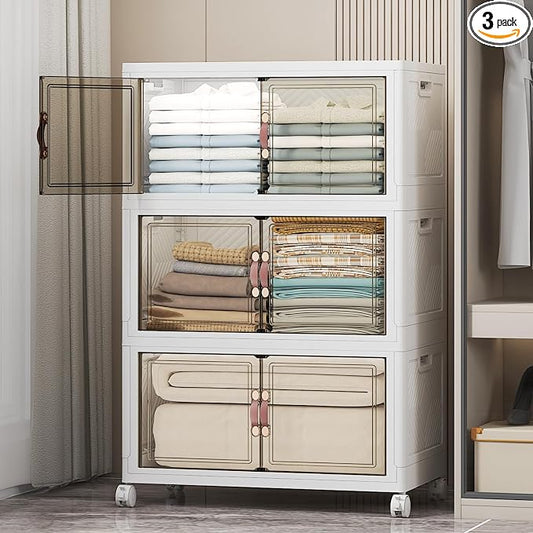 Stackable Storage Bins, 336QT Collapsible Drawers with 1 Lid | Large Capacity, Magnetic Door, Stack Lock, Rolling Wheels, Foldable Design, Organizers and Storage for Bedroom Dorm Garage by UAMFURIDirect