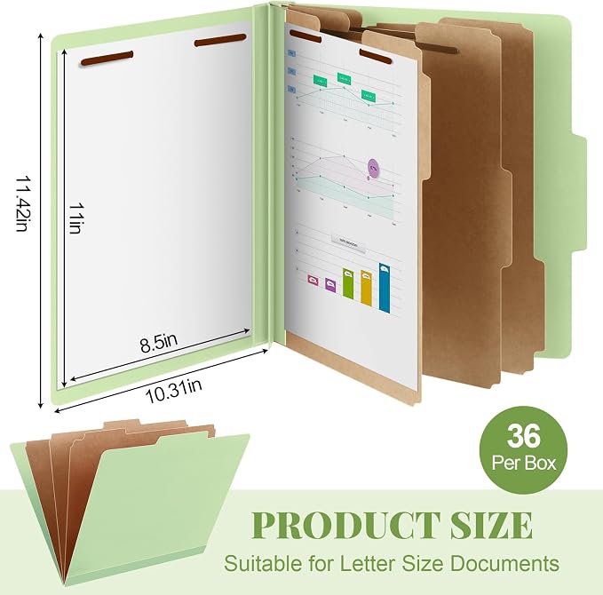 AmazingSpark 36 Pcs Classification Folder Letter Size Bulk 3 Divider Pressboard File Folder with Expansion 2 Prong Fastener Heavy Duty Office File Organizer for School Medical Document(Light Green) - Image 2