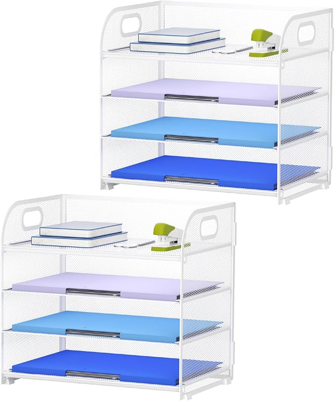 Marbrasse 2 Pack 4 Tier Paper Organizer Letter Tray - Mesh Desk File Organizer with Handle, Paper Sorter Organizer for Letter/A4 Office File Folder Holder (White, 12.6" x 9.1" x 10.7") by Marbrasse