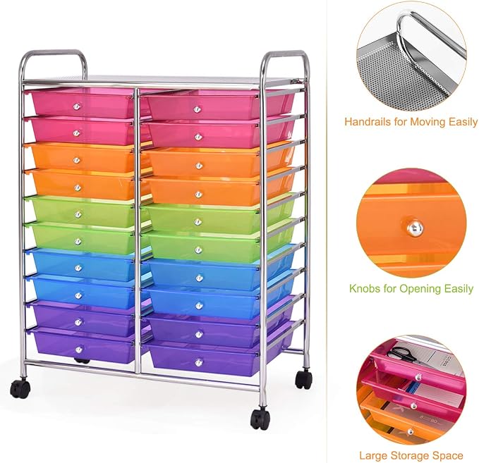 GOFLAME 20-Drawer Rolling Storage Cart, Multifunctional Art Craft Organizer Cart, Mobile Utility Storage Cart with Removable Drawers & Lockable Wheels, Craft Cart for Home Office, Rainbow - Image 7