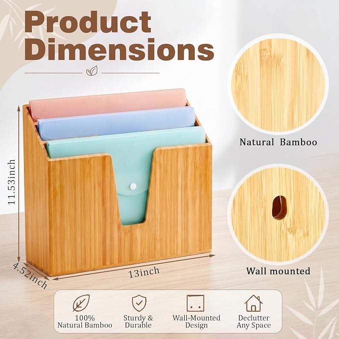Suzile Bamboo Wall Mounted File Folder Holder Organizer, 3-tier Vertical File Organizer Wooden Sorter Rack for Office, Home, Desktop, Desk Letter Mail Document Storage, 13" x 4.5" x 11.5" - Image 2