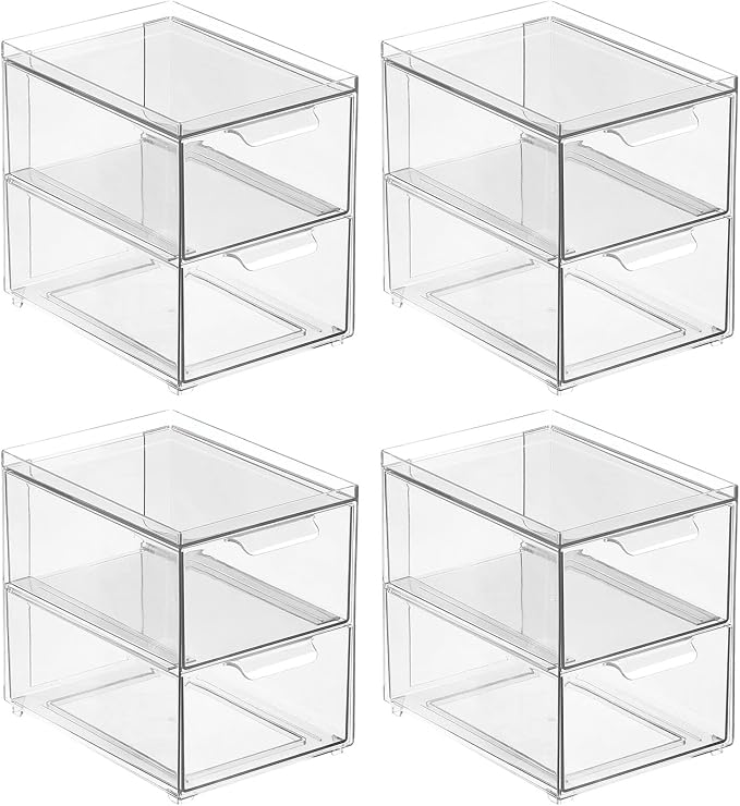 mDesign Stackable Storage Containers Box with 2 Pull-Out Drawers - Stacking Plastic Drawer Bins for Master or Guest Bathroom, Linen Closet, Vanity, Makeup Table Lumiere Collection 4 Pack, Clear - Image 10