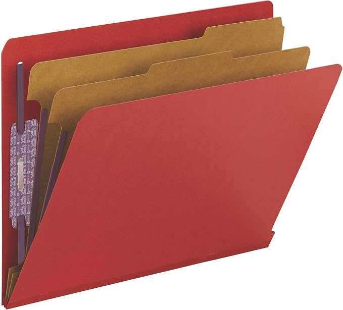 Smead 100% Recycled End Tab Pressboard Classification File Folder with SafeSHIELD Fasteners, 2 Dividers, 2" Expansion, Letter Size, Bright Red, 10 per Box (26783) - Image 4