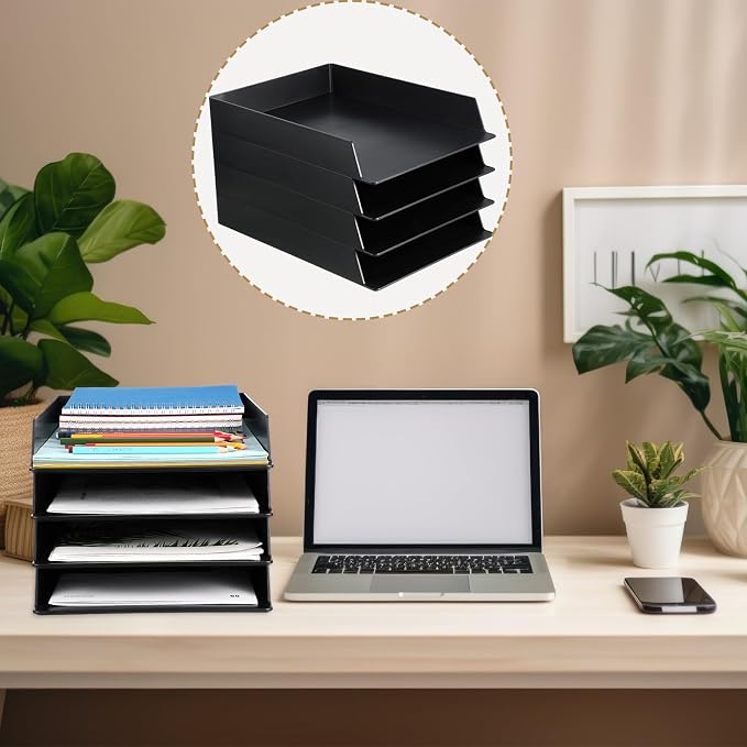 12 Pcs Stackable Paper Trays Rectangular Plastic Desk Holder Desktop Document File Organizer Storage Letter for Office Classroom (Black) - Image 7
