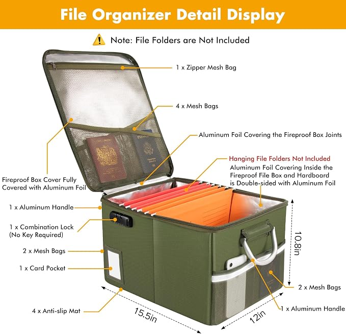 TOMKID 5200°F Fireproof Document Box, Fire Important Document Organizer with Lock, Upgraded Heat Insulated Filing Storage Cabinet Office Organization (5200°F Fireproof Box, Green) - Image 3