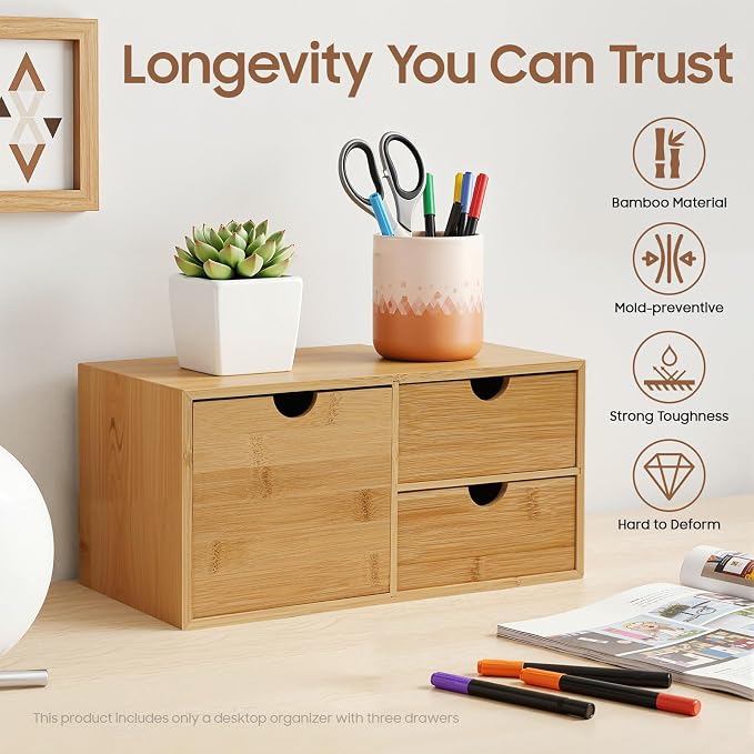 Ringmaster Bamboo Desk Organizer with 3 Drawers,Mini Desktop Organizer Drawer Tabletop Storage Organization Box for Office Home Supplies - Image 8