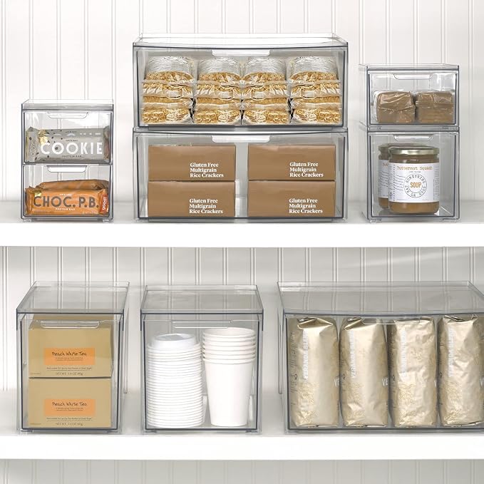 mDesign Stackable Storage Containers Box with 2 Pull-Out Drawers - Stacking Plastic Drawer Bins for Master or Guest Bathroom, Linen Closet, Vanity, Makeup Table Lumiere Collection 4 Pack, Clear - Image 9