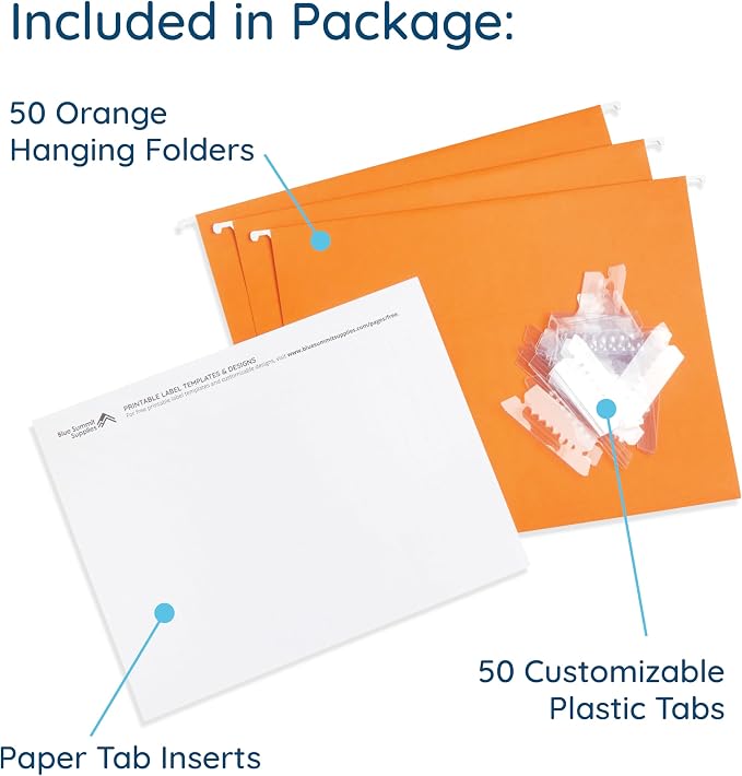 Blue Summit Hanging File Folders, Letter Size, Orange, Great for Organizing and Easy File Storage, 50 Per Box | Reinforced letter size, 1/5 cut tabs, plastic tabs and inserts included, for filing cabinet, home, and office - Image 2