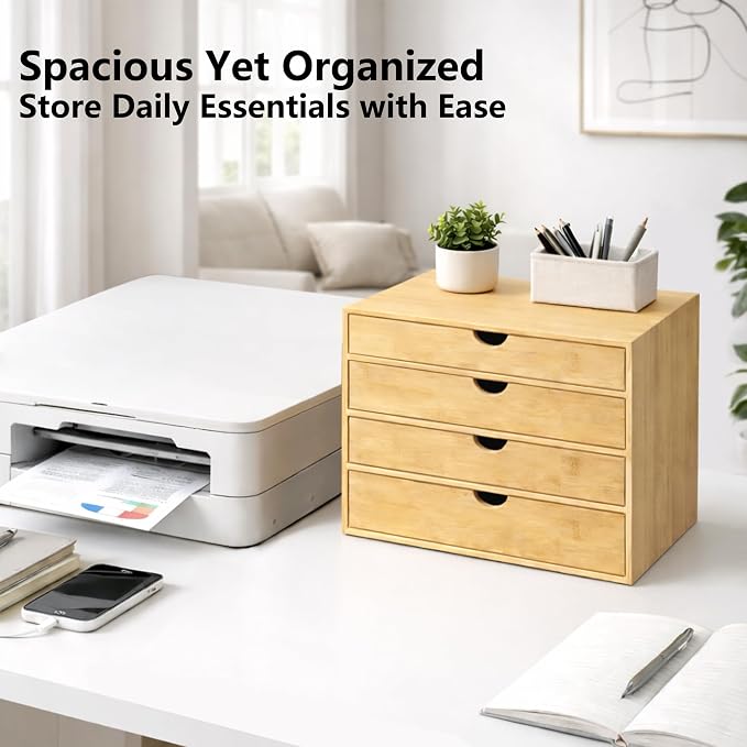 Neando Bamboo Desk Organizer with Drawers, 4-Tier Wooden Desk Organizer, Small Desktop Storage for Office Supplies, Makeup, Accessories, Space-Saving Organizer for Desk, Vanity & Home - Image 6