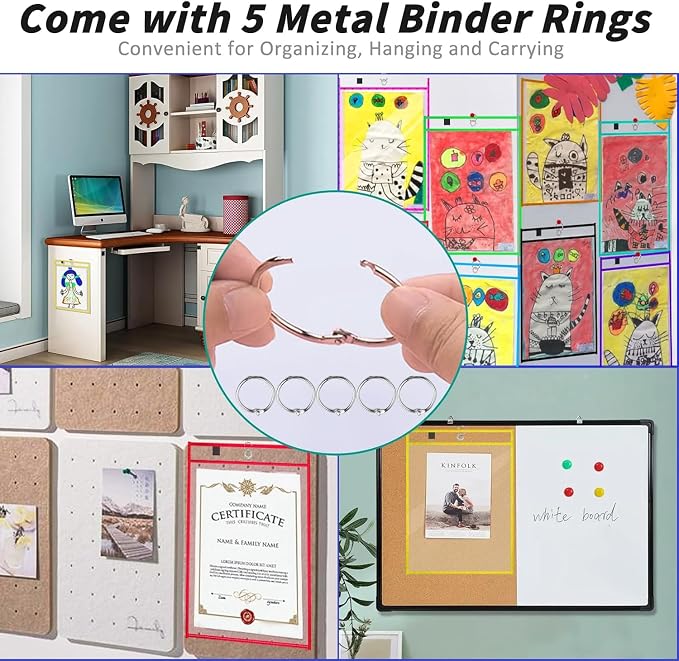80 Packs Dry-Erase Pockets Bulk Oversized Reusable Dry Erase Pocket Sleeves with 5 Rings, 16 Assorted Colors 10x14 Ticket Holders, Clear Plastic Sheet Protectors, Teacher School Classroom Supplies - Image 7