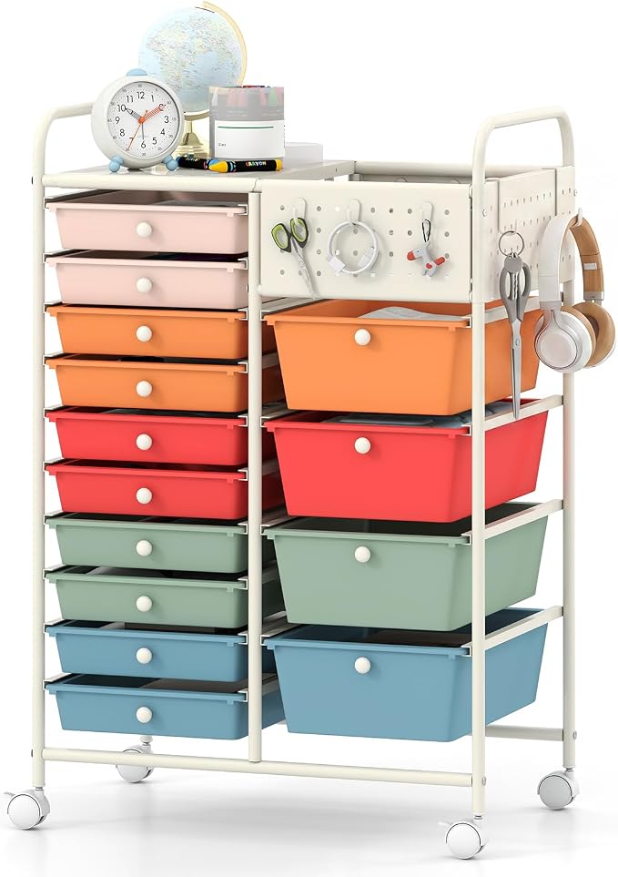 GOFLAME 14-Drawer Rolling Storage Cart with Pegboard, Craft Storage Cart with Lockable Wheels and Metal Frame, Art Cart Supply Storage Organizer for Home Office Classroom, Macaron Color by GOFLAME