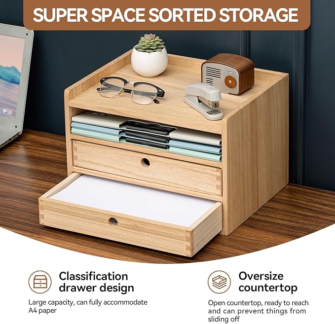 KIRIGEN Wooden Desk Organizer with 2 Drawers and Top Tray, Natural 3D2C-NA | Three-Tier Desktop Storage Cabinet Stores Papers, Office Supplies, Cosmetics, Crafts, and Small Accessories for Home Office - Image 3