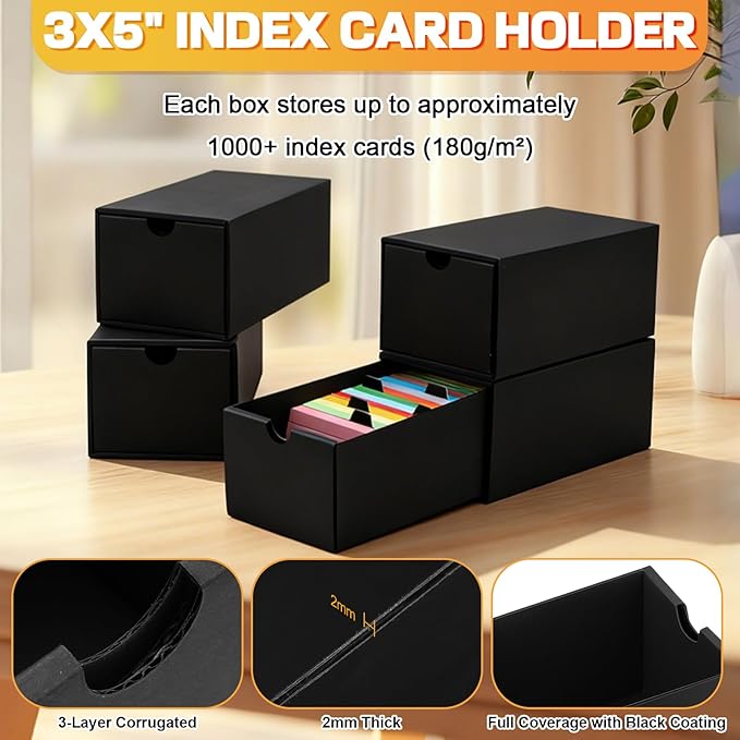 12Packs 3x5 Index Card Box,Index Card Organizer Box with Lid,Hold 12000 Cards,Black Recipe Holder for 3''x5'' Notecard Recipe Flashcard Card - Image 3