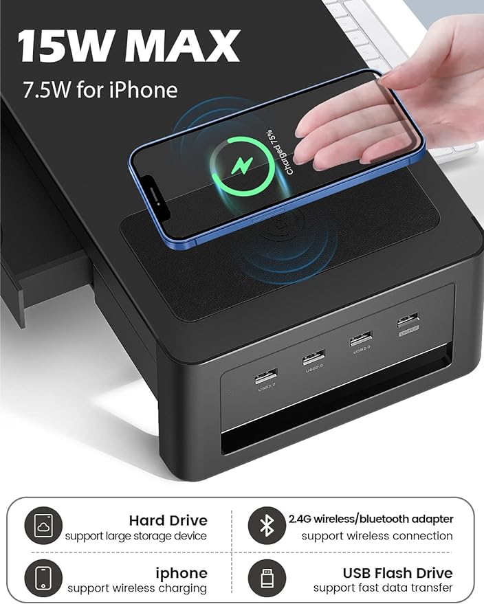 meatanty Dual Monitor Stand Riser with 2 Drawers,4 USB Ports and Charging Pad,Metal Monitor Stand for 2 Monitors Supports Transfer Data and Charging,Desk Organizer for PC,iMac(38.7 inches) - Image 2