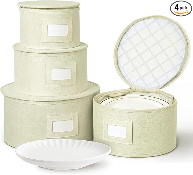 4-Piece China Plate Storage Set | Hard Shell Dividers | Cream | 4 Hard Shell Plate Cases - Dinner, Salad, Dessert & Saucer, 12 Plates Each. Felt Dividers, Stackable. Cream Finish. by storageLAB