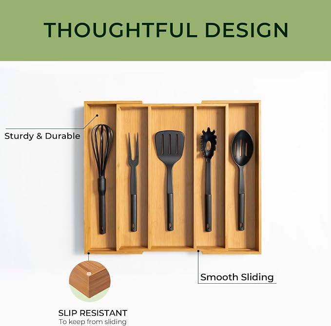 Carbonized Bamboo Kitchen Drawer Organizer, 5 Slots Expandable Silverware Organizer, Utensil Holder & Cutlery Tray, 2.2" Deep for Extra Capacity, Non-Slip Feet Included. - Image 6