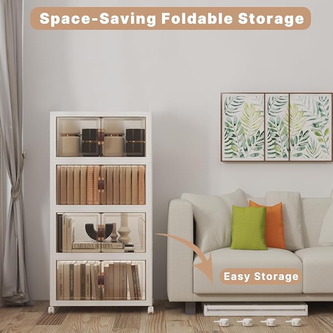 Stackable Storage Bins with Lids, 208QT Closet Organizers and Storage Cabinet with Doors & Wheels, Lockable Plastic Foldable Drawers for Bedroom Dorm Office Garage（52QT*4,White） - Image 3