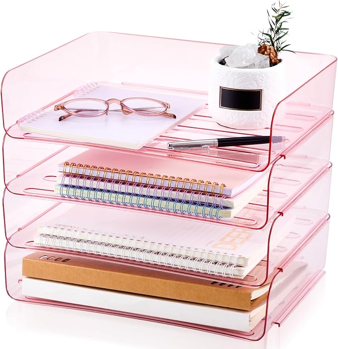 Harloon 4 Tier Pink Acrylic Paper Organizer 13 x 9.8 x 3 Inches Letter Tray Desk File Organizer Stackable Documents Clear Letter Paper Holder Office Tray for A4, Office Home File Desktop Storage by Muasung