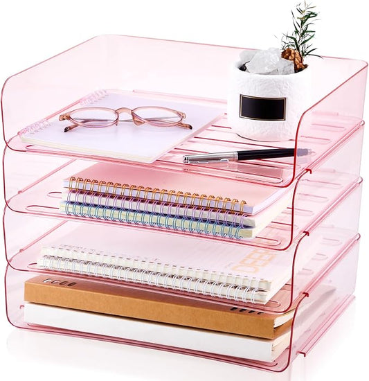Harloon 4 Tier Pink Acrylic Paper Organizer 13 x 9.8 x 3 Inches Letter Tray Desk File Organizer Stackable Documents Clear Letter Paper Holder Office Tray for A4, Office Home File Desktop Storage by Muasung