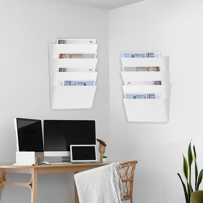 8 Pack White Plastic Single Pocket Hanging File Organizer, Wall Mount Paper Mails Magazines Holder, Mounted Folder Bins for Office, School and Home, 12.99x4.13x7.48 inches - Image 5