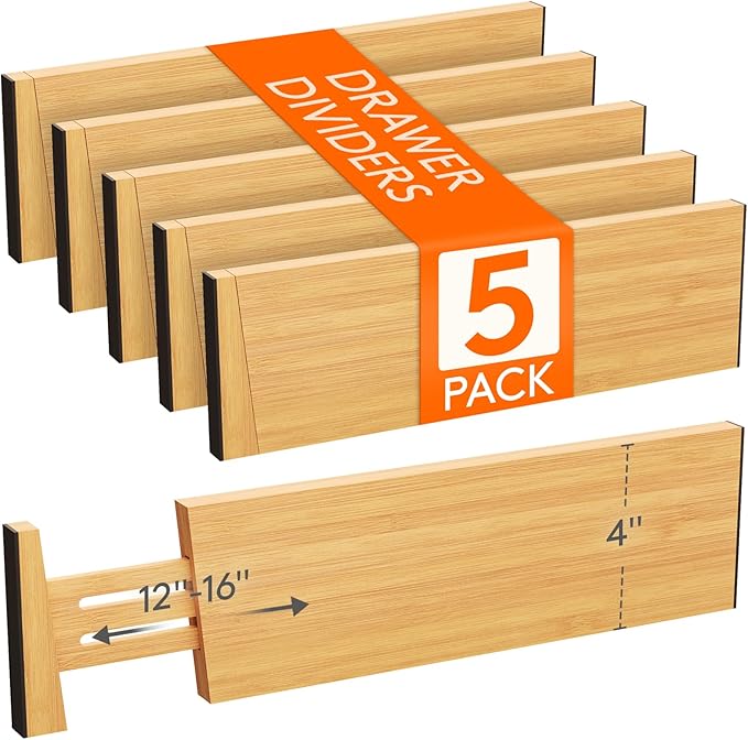 Lifewit 4" High 5 Pack Bamboo Drawer Dividers 31-40cm/12-16 Adjustable Wooden Drawer Organizer for Clothes/Utensils, Expandable Drawer Separator for Dresser/Kitchen/Bedroom/Office Organization by Lifewit