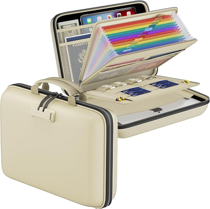 DocSafe Fireproof File Organizer with Lock, Hard-Shell Case Fireproof Document Box with 13 Pocket Accordion File Folder, Portable Home Office Travel Safe Storage for Important Documents Laptop Beige by DocSafe