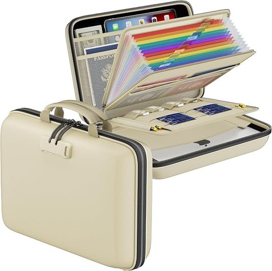 DocSafe Fireproof File Organizer with Lock, Hard-Shell Case Fireproof Document Box with 13 Pocket Accordion File Folder, Portable Home Office Travel Safe Storage for Important Documents Laptop Beige by DocSafe