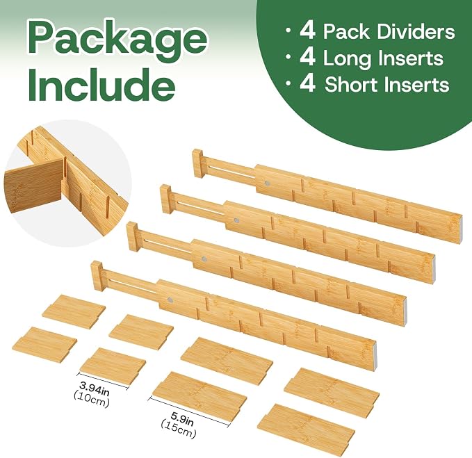kiplant Kitchen Drawer Dividers - Adjustable Drawer Organizer for Clothes, Kitchen, Closet & Office - 4 Pack with Inserts, 18-22.6 Inches, Non-Slip Silicone Ends - Image 3