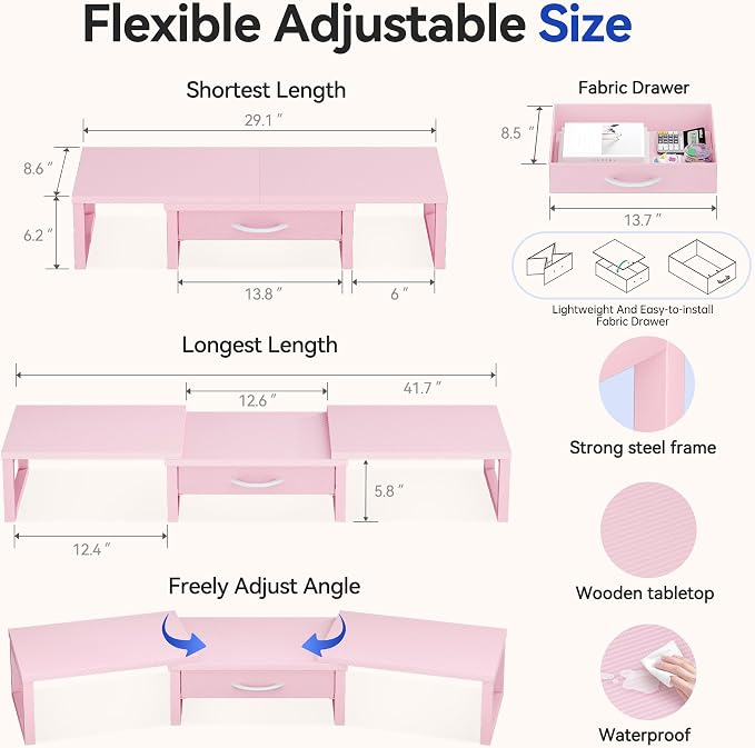 Desk Organizers and Accessories, Dual Monitor Stand Riser with Drawer, Computer Monitor Stand, Adjustable Desk Shelf for PC Laptop Printer TV, Pink - Image 2