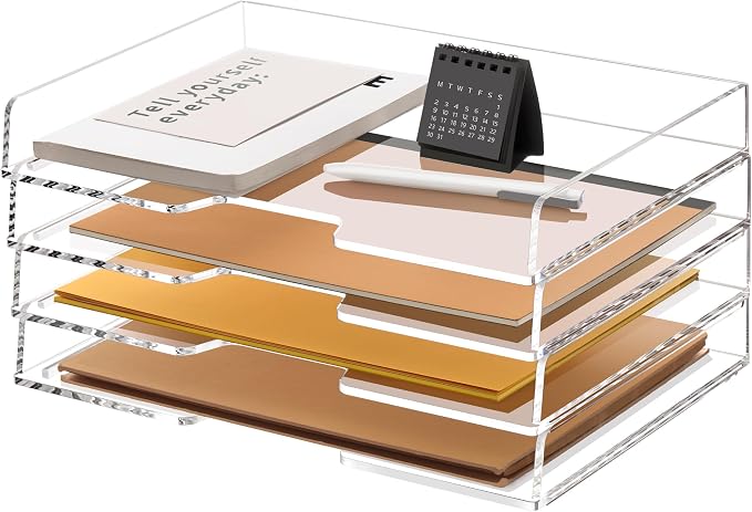 Acrylic Desk Organizer, Stackable Paper Organizer Letter Tray 4-Tier Clear | Enlarged File Organizer for Documents, Files, Letters, A4 Paper, Books, Notes, Mail & Paper Storage, Office Classroom Home by SANRUI
