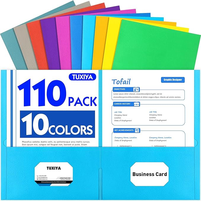TUXIYA Folders with Pockets, 2 Pocket Folders 110 Pack, Assorted 10 Colors, Letter Size Thick Paper Pocket Folder for School Office Business Home by Unknown