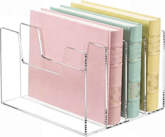 4 Section Clear Acrylic Desktop File Organizer Vertical File Sorter 4mm Thick, Large Capacity Upright Magazine Organizer, Book Paper, Notebooks, Envelopes, Mail Holder by Wenqik