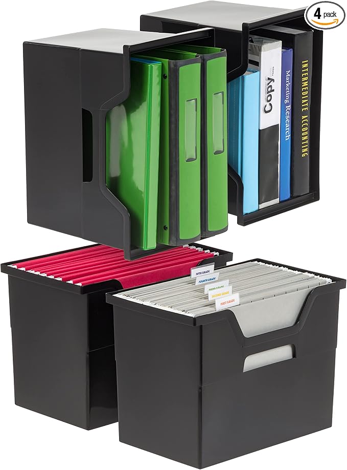 IRIS USA 4-Pack Large Desktop File Box with Open Lid, Black | Organize paperwork, mail, magazines, and office supplies with portable storage for desks, classrooms, and home workspaces by IRISUSA