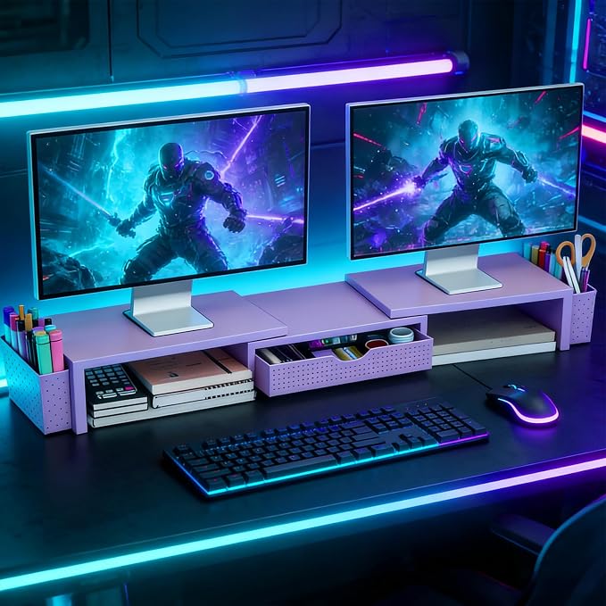 Spacrea Metal Desk Organizers and Accessories, Dual Monitor Stand Riser with Drawer and 2 Pen Holders, Desk Accessories & Workspace Desktop Organizers for Office Supplies (Purple) - Image 7