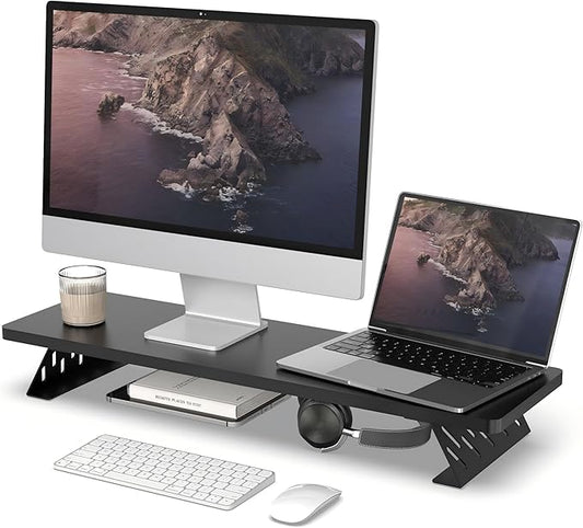 Fenge Monitor Stand Riser, Wooden & Metal Desk Shelf Organizer, Black | 31.5in Computer Stand, Single Monitor Setup, for Compact Work Station, Multifunctional Monitor Shelf for Laptop, PC, Printer by Fenge