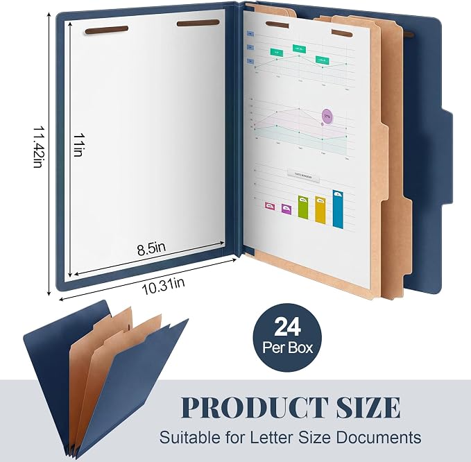 AmazingSpark 24 Pcs Classification Folder Letter Size Bulk 2 Divider Pressboard File Folder with Expansion 2 Prong Fastener Heavy Duty Office File Organizer for School Medical Document(Navy Blue) - Image 2