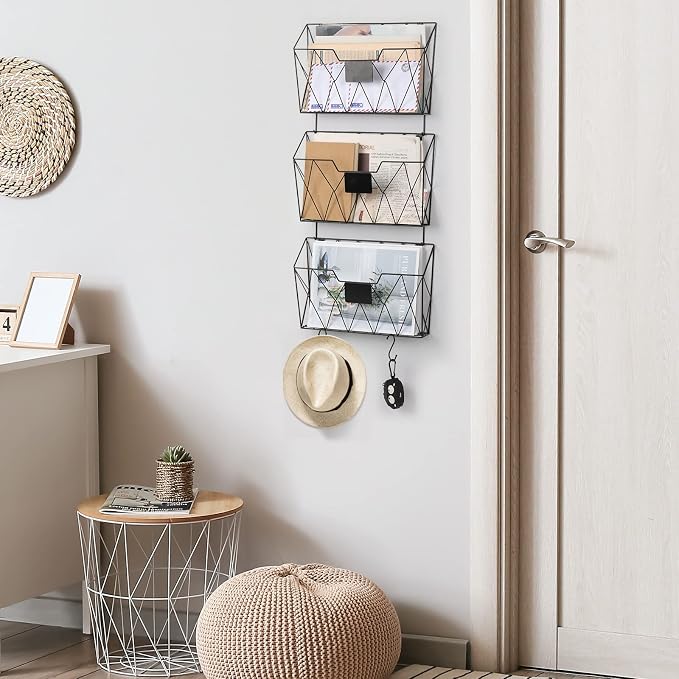 YBING Wall File Organizer, Hanging File Holder & Basket Set of 3, Black | Hanging File Rack with Hooks, Mail Organizer, Metal Wall Storage for Office Living Room School Classroom Home - Image 7